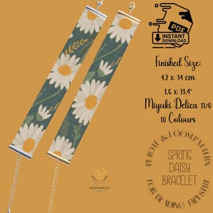 May include: Two beaded bracelets with a daisy pattern on a teal background. The bracelets are 1.6 inches wide and 13.4 inches long. The image also includes text that says "Spring Daisy Bracelet" and "Instant Download PDF".