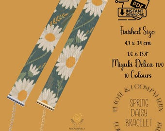 Patrón moderno de telar de cuentas con diseño floral de margaritas de primavera, pulsera de peyote de ladrillo, patrón elegante de telar, descarga en PDF | Gargantilla Miyuki Delica 11/0