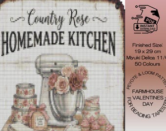 Patrón de cuentas para cocina con rosas de granja | Diseño Peyote & Loom | Plantilla para tapiz Lupo | Miyuki Delica 11/0 | Tutorial en PDF para descarga digital