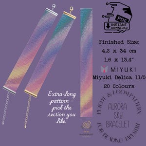 Könnte beinhalten: Drei Perlenarmbänder mit einem Aurora-Himmel-Design, das einen Farbverlauf aus Rosa, Blau und Gelb aufweist. Die Armbänder sind 4,2 x 34 cm groß. Das Bild enthält den Text "Aurora Sky Bracelet" und "Instant Download PDF".