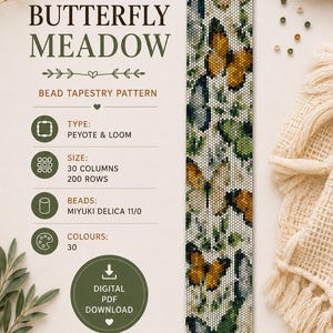 Peut inclure: Patron de tapisserie de perles PDF numérique intitulé "Butterfly Meadow". Le motif présente un motif répétitif de papillons aux tons orange, vert et bleu. Le patron est pour Peyote & Loom, avec 30 colonnes, 200 rangées, et utilise des perles Miyuki Delica 11/0.