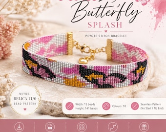 Pulsera abstracta de mariposa rosa salpicada Patrones modernos de telar de cuentas Pulsera peyote Pulsera elegante gargantilla Descarga PDF Miyuki Delica 11/0