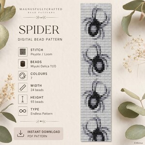 以下が含まれることがあります： SPIDERと題されたデジタルビーズパターンで、グリッド上に黒とグレーのクモのデザインが繰り返されています。仕様には、ペヨーテステッチまたは織り機、Miyuki Delica 11/0ビーズ、7色、幅24ビーズ、高さ93ビーズ、エンドレスタイプが含まれます。