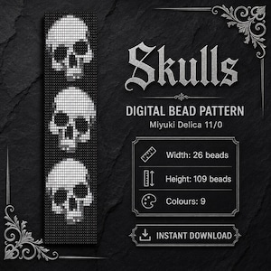 Armband med dödskalle och Halloweenben, moderna pärlmönster, Peyotearmband, elegant armband med choker, PDF-nedladdning, Miyuki Delica 11/0