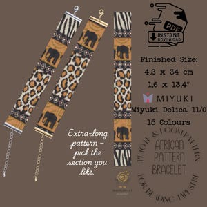 May include: Three beaded bracelets with African animal patterns, including elephants and leopard spots. The bracelets are tan, black, and white, with silver and gold clasps. The image also includes text that says "African Pattern Bracelet". The finished size is 4.2 x 34 cm.