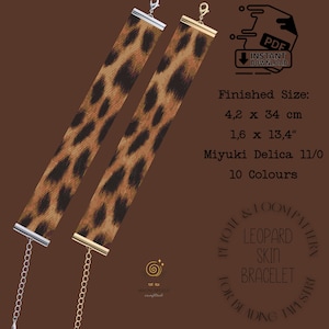 Könnte beinhalten: Zwei Armbänder mit Leopardenmuster und silbernen und goldenen Verschlüssen. Die Armbänder sind 4,2 cm breit und 34 cm lang. Das Bild enthält den Text "Leopard Skin Bracelet" und "Instant Download".