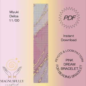 Könnte beinhalten: Ein digitales PDF-Muster für ein Pink Dream Armband. Das Design zeigt ein rechteckiges Raster mit einem Farbverlauf aus rosa, gelben und weißen Quadraten. Der Text enthält "Miyuki Delica 11/00" und "Sofort-Download."