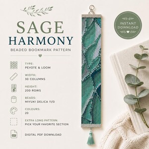 Peut inclure: Un modèle de marque-page perlé Sage Harmony avec un motif géométrique dans des tons de bleu sarcelle, vert et gris. Le PDF numérique inclut des instructions pour 30 colonnes et 200 rangées avec des perles Miyuki Delica 11/0, une barre argentée et un pompon.
