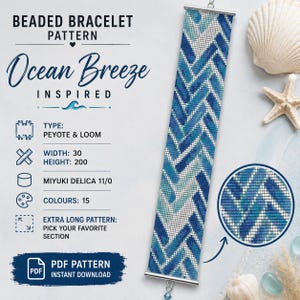 Op de afbeelding: Een kralenarmbandpatroon genaamd "Ocean Breeze" met een blauw-wit chevronontwerp. Het patroon is voor peyote- en weeftechnieken, met een breedte van 3 cm en een hoogte van 20 cm. Het gebruikt 15 kleuren en Miyuki Delica 11/0 kralen.