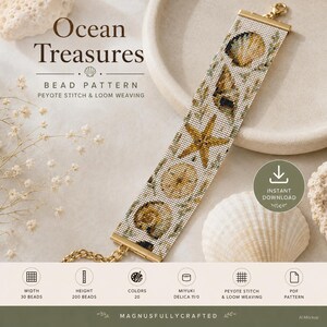 May include: A beaded bracelet pattern titled Ocean Treasures Bead Pattern for peyote stitch and loom weaving. The design features a white background with golden-brown starfish and seashell motifs. Includes technical specifications for 30 beads width, 200 beads height, 20 colors, and Miyuki Delica 11/0 beads.
