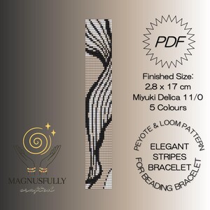 May include: A digital PDF pattern for an elegant stripes bracelet. The design features a black and white pattern on a beige background. The finished size is 2.8 cm x 17 cm. The pattern uses Miyuki Delica 11/0 beads in 5 colors.