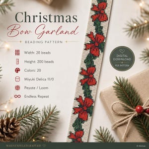 Christmas Red Bow Garland Bead Pattern endless Bracelet Modern  Loom Patterns Peyote  Elegantes  choker PDF Download  Miyuki Delica 11/0