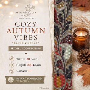 Peut inclure: Un modèle de perles peyote et métier à tisser intitulé Cozy Autumn Vibes par Magnusfully Crafted. Le motif présente une bande verticale avec des champignons et des feuilles dans des tons rouge, orange, jaune et gris. Il comprend 30 perles de largeur, 200 perles de hauteur et 30 couleurs, disponible en téléchargement PDF instantané.