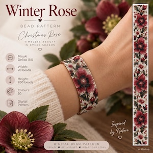 Könnte beinhalten: Ein digitales Perlenmuster mit dem Titel Winter Rose und einem Christrosen-Design. Das Muster verwendet Miyuki Delica 11/0 Perlen mit einer Breite von 20 Perlen und einer Höhe von 200 Perlen in 20 Farben. Die Grafik zeigt ein florales Motiv mit roten Blüten.