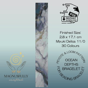 May include: A digital pattern for a beaded bracelet with an ocean depths design. The pattern is 2.8 cm x 17.1 cm and uses 30 colours of Miyuki Delica 11/0 beads. The image includes the text "Instant Download" and "Magnusfully Crafted".