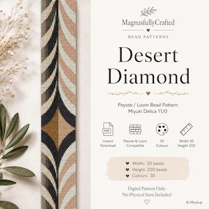 Peut inclure: Un modèle de perles numérique intitulé Desert Diamond par MagnusfullyCrafted. Le design présente une bande verticale avec un motif géométrique en losange noir, beige et blanc. Le texte indique Peyote / Loom Bead Pattern, Miyuki Delica 11/0, 30 perles de largeur, 200 perles de hauteur et 30 couleurs. Il s'agit d'un modèle numérique uniquement.