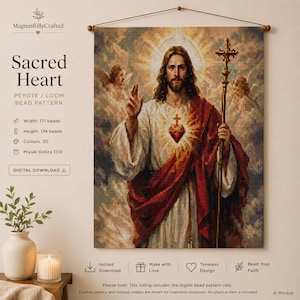 Jesus Sacred Heart Bead Pattern | Peyote & Loom | Christian Wall Art Beading Template | Miyuki Delica 11/0 | PDF Pattern