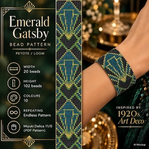 May include: A bead pattern titled Emerald Gatsby featuring a geometric design in black, teal, and gold. The pattern is for peyote or loom weaving, with a width of 20 beads, a height of 102 beads, 10 colours, and a repeating endless pattern.