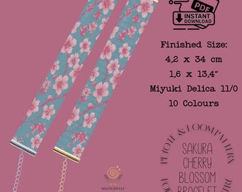 Pulsera de telar de peyote con patrón moderno de flores de cerezo Sakura, elegante pulsera de telar, gargantilla, descarga PDF Miyuki Delica 11/0