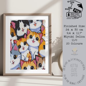 Könnte beinhalten: Gerahmtes Kunstwerk mit einer pixeligen Illustration zahlreicher Cartoon-Katzen in verschiedenen Farben, darunter Orange, Weiß und Grau. Die fertige Größe beträgt 24 x 30 cm. Sofortiger PDF-Download.