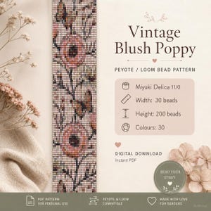 Pulsera floral Vintage Blush Puppy Patrones modernos de telar de cuentas Pulsera de telar Peyote Pulsera elegante gargantilla Descarga PDF Miyuki Delica 11/0