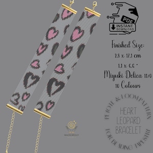 May include: Two beaded bracelets with a gray background and a heart leopard pattern. The bracelets are 1.1 x 6.6 inches in size. The text on the image says "Heart Leopard Bracelet" and "Instant Download PDF".