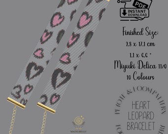 Patrón moderno de telar de cuentas con forma de corazón y leopardo. Pulsera de telar peyote. Patrón elegante de telar – Descarga PDF | Gargantilla Miyuki Delica 11/0