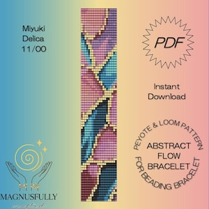 Könnte beinhalten: Ein digitales PDF-Muster für ein Armband mit abstraktem Flussmuster. Das Design zeigt ein Mosaik aus rosa, blauen und goldenen geometrischen Formen. Der Text enthält "Miyuki Delica 11/00", "PDF" und "Sofort-Download".