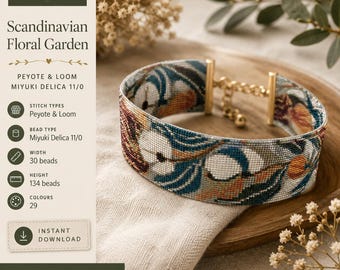 Pulsera de jardín floral escandinavo Patrones modernos de telar de cuentas Pulsera peyote Pulsera elegante gargantilla Descarga PDF Miyuki Delica 11/0