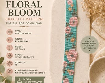 Patrón moderno de telar de cuentas con estampado floral para primavera y verano. Pulsera elegante con técnica de telar peyote. Descarga del patrón en PDF | Gargantilla Miyuki Delica 11/0