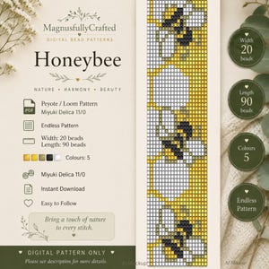 Könnte beinhalten: Ein digitales Perlenmuster mit dem Titel Honeybee von MagnusfullyCrafted. Das Design zeigt ein vertikales Raster von 20 mal 90 Perlen mit einem sich wiederholenden Honigbienen- und Wabenmotiv in Gelb, Schwarz, Weiß und Grau. Enthält fünf Farben.