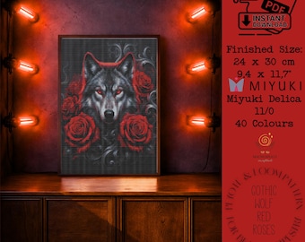 Patrones de tapicería con cuentas de rosas rojas y lobo gótico, diseño para peyote y telar, plantilla de tapicería, Miyuki Delica 11/0, descarga digital en PDF.