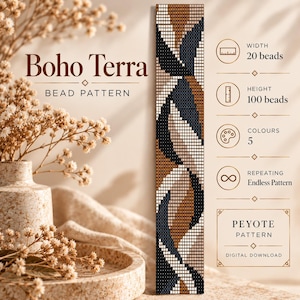 May include: A digital bead pattern titled Boho Terra featuring a repeating design of abstract curved shapes in five colors: black, white, tan, and two shades of brown. The pattern is 20 beads wide and 100 beads high, designed for peyote stitch.