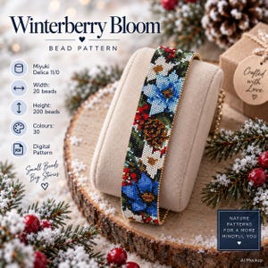 May include: A beaded bracelet featuring a Winterberry Bloom pattern with blue, white, and red floral motifs. The design uses Miyuki Delica 11/0 beads, with a width of 20 beads and a height of 200 beads. The pattern includes 30 colours and is a digital PDF.