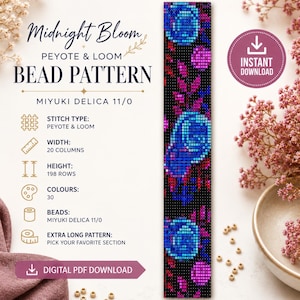 Könnte beinhalten: Ein digitales Perlenmuster mit dem Titel Midnight Bloom für Peyote- und Webstuhl-Techniken mit Miyuki Delica 11/0 Perlen. Das Design zeigt einen vertikalen Streifen mit blauen und violetten Blumenmotiven auf schwarzem Grund, 20 Spalten mal 198 Reihen.