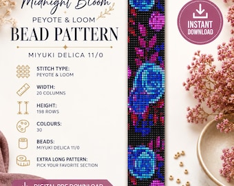 Patrón de cuentas Peyote y Telar Flor de Medianoche – Patrón de Pulsera de Cuentas Miyuki Delica 11/0 – Brazalete Galaxia Floral – Descarga Digital