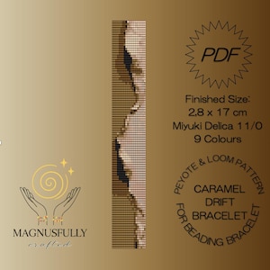 Könnte beinhalten: Ein digitales PDF-Muster für ein Perlenarmband. Das Design zeigt ein karamellfarbenes Muster mit einer fertigen Größe von 2,8 x 17 cm. Das Muster verwendet Miyuki Delica 11/0 Perlen in 9 Farben. Der Text enthält "Caramel Drift Bracelet".