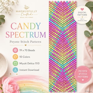 Könnte beinhalten: Ein digitales Peyote-Stich-Perlenmuster mit dem Titel Candy Spectrum, das ein vertikales rechteckiges Design aus 19 mal 70 Perlen in 10 Farben zeigt. Das Muster verwendet Miyuki Delica 11/0 Perlen in einer Chevron-Anordnung aus rosa, gelben, grünen und blauen Tönen.