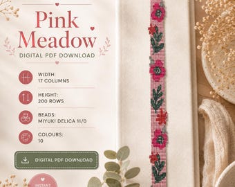 Patrón moderno de telar de cuentas con estampado floral para primavera y verano. Pulsera elegante con técnica de telar peyote. Descarga del patrón en PDF | Gargantilla Miyuki Delica 11/0
