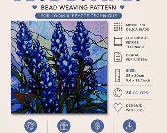 Patrón de tapiz para telar de cuentas Miyuki Delica con flores de lupino azul de Texas (PDF). Tutorial de tejido de cuentas para tapiz Peyote Miyuki Delica. Diseño de abalorios.
