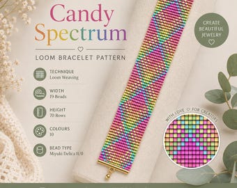 Pulsera Candy Spectrum Rainbow Neon, patrones modernos para telar de cuentas, pulsera elegante, gargantilla, descarga en PDF, Miyuki Delica 11/0