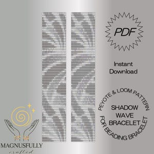 Könnte beinhalten: Ein digitales PDF-Muster für ein Shadow Wave Armband. Das Design zeigt zwei vertikale rechteckige Paneele mit einem graustufigen geometrischen Muster. Der Text enthält "PDF", "Sofort-Download" und "Peyote & Loom Pattern for Beading Bracelet". Das Logo "Magnusfully Crafted" ist ebenfalls sichtbar.