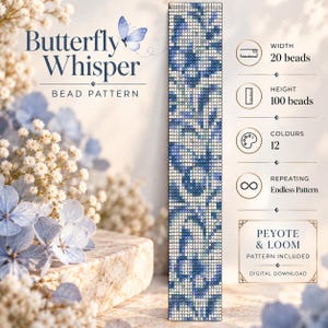 Könnte beinhalten: Butterfly Whisper Perlenmuster mit einem vertikalen Streifen aus blau-weißen Blumenmotiven. Die Spezifikationen umfassen eine Breite von 20 Perlen, eine Höhe von 100 Perlen, 12 Farben und ein endlos wiederholbares Design für Peyote und Webrahmen.
