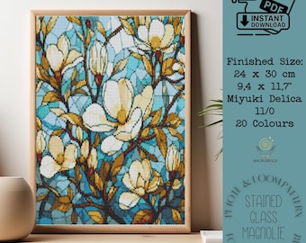 Stained Glass Magnolia Miyuki delica bead loom tapestry pattern PDF Miyuki Delica Peyote Tapestry Beadweaving Tutorial Beading Design