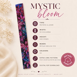 Könnte beinhalten: Ein digitaler PDF-Download für ein Mystic Bloom Perlenmuster mit einem langen Streifen aus Miyuki Delica 11/0 Perlen in 30 Farben. Das Design zeigt ein florales Motiv in Pink-, Lila- und Blautönen auf schwarzem Grund, 30 Spalten mal 200 Reihen.