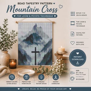 May include: A bead tapestry pattern titled "Mountain Cross" featuring a mountain landscape with a cross. The tapestry is in shades of blue and gray, with the text "FOR LOOM & PEYOTE TECHNIQUE". The size is 9.4 x 11.7 inches.