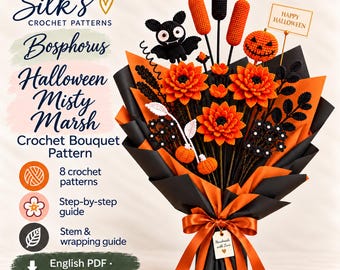 Halloween Crochet Bouquet Pattern PDF - Misty Marsh, Dahlias, Bat and Pumpkins