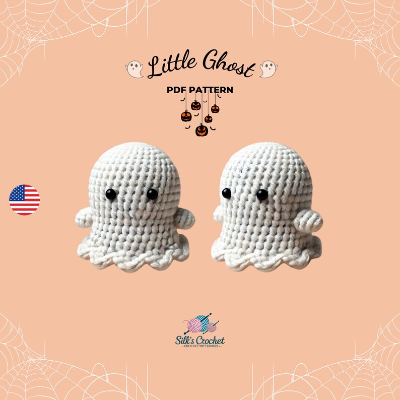 May include: Two white crocheted ghost amigurumi toys with black eyes and a smiling mouth. The ghosts are sitting on a peach background with a spiderweb pattern. The text "Little Ghost PDF Pattern" is at the top of the image.