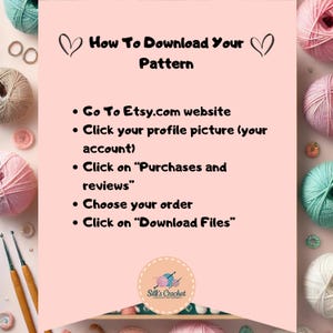 K&ouml;nnte beinhalten: Rosaer Hintergrund mit Anweisungen zum Herunterladen eines Musters von Etsy.com. Der Text enth&auml;lt: Gehe auf die Etsy.com-Website, Klicke auf dein Profilbild (dein Konto), Klicke auf "K&auml;ufe und Bewertungen", W&auml;hle deine Bestellung aus, Klicke auf "Dateien herunterladen".