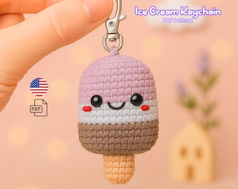 Schema portachiavi amigurumi a forma di gelato - Portachiavi all'uncinetto in PDF / Schema all'uncinetto per mini dessert per principianti
